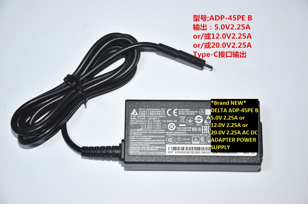 *Brand NEW*ADP-45PE B DELTA 5.0V 2.25A or 12.0V 2.25A or 20.0V 2.25A AC DC ADAPTER POWER SUPPLY - Click Image to Close